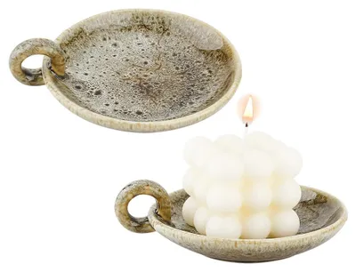 Keramik-Kerzenhalter 2er-Set, 12,3x14,5 cm, dunkelolivgrün, mit Henkel