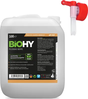 Produktbild von BiOHY Flüssig Seife (10l Kanister) + Auslaufhahn | Geruchsneutrale, hautschonende und rückfettende flüssige Handseife | PHOSPHATFREI | Ohne Parfüm und Farbstoffe