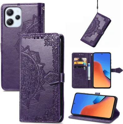 A collage of images showing a purple leather phone case with embossed mandala pattern for a Xiaomi Redmi 12.