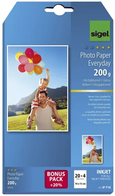 Produktbild von SIGEL IP718 Inkjet Fotopapier Everyday, hochglänzend, 200 g/m², 10x15 cm, 24 Blatt