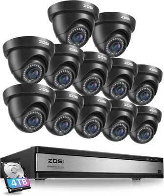 Produktbild von ZOSI 1080P Aussen Überwachungskamera Set mit BNC Kabel, 16CH 4TB DVR und 12 Kabelgebunden Dome Kameras, KI Personen-/Fahrzeugerkennung