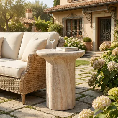 Produktbild von Merax Outdoor Beistelltisch aus MgO, Travertinoptik, moderner Gartentisch, wetterfest & leicht, für Garten, Balkon, Terrasse oder Innenbereich, Beige