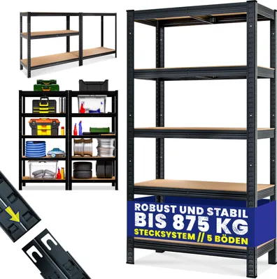 Produktbild von Monzana Schwerlastregal MDF/Metall, 875kg, 5 Böden, 180x90x40cm, Schwarz, Stecksystem, wandmontierbar, als Werkbank nutzbar, Böden höhenverstellbar, verzinkt, inkl. Bodenschoner