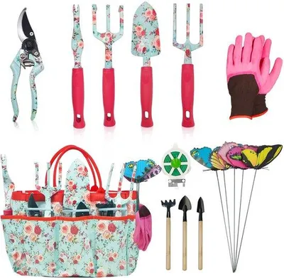 Produktbild von Unyqoos® 16‑teiliges Gartengeräte-Set für Blumen & Pflanzen – mit waschbarer Baumwolltasche, Kohlenstoffstahl-Schere, Alu-Legierung, TPR-Griffe