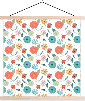 Produktbild von MuchoWow® Textilposter Blumen - Blätter - Muster 120x120 cm mit holzfarbenen Rahmen - Textil-Poster