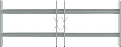 A gray adjustable window grate with two horizontal bars and decorative elements in the center, presented against a white background.