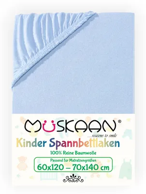 Produktbild von Müskaan Jersey Kinder Spannbettlaken 60x120 - 70x140 cm hellblau bis 12cm Matratzenhöhe Gummizug Bettlaken 100% Baumwolle