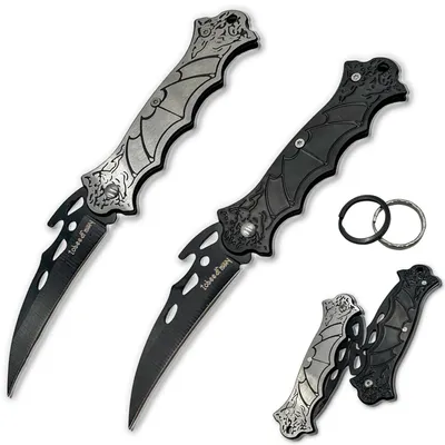 Produktbild von Klappmesser 2 Stück EDC Edelstahl Fledermaus Motiv Flaschenöffner Silber & Schwarz