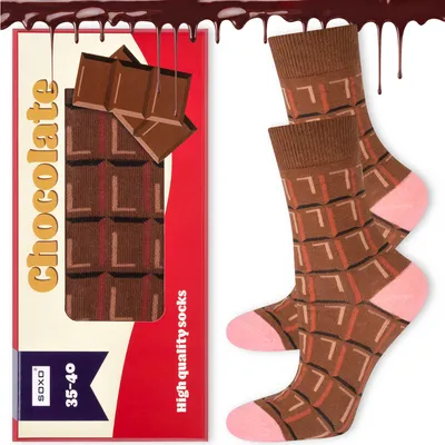 Produktbild von Bunte Damen-Baumwollsocken mit Schokoladentafel-Motiv, Soxo, lustiges Geschenk für Oma, kleine Aufmerksamkeit für Mama, Größe 35-40