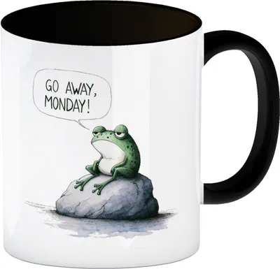 Produktbild von Griesgrämiger Frosch Kaffeebecher in schwarz mit Spruch Go away, Monday!