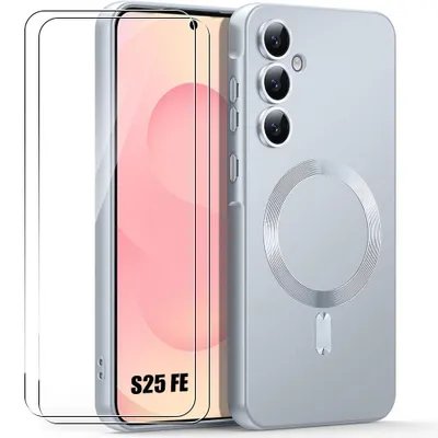 Image de Coque + 2 Verres Trempés pour Samsung Galaxy S25 FE, Silicone Slim avec Anneau Magnétique Intégré - Argenté