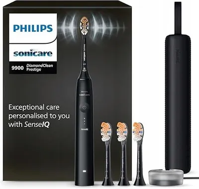 Produktbild von Philips DiamondClean Prestige 9900 HX9992/43 Akku-Zahnbürste, Erwachsener, Schallzahnbürste, Tägliche Pflege, Tiefenreinigung, Zahnfleischpflege, Sensibel, Whitening, 62000 Bewegungen pro Minute, Schwarz, 2 min, 4 x 30 sec