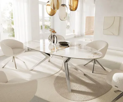 Produktbild von DELIFE Esstisch Edge Oval 220x120 Keramik Minas Melange Weiß-Beige Zenthara kantig Edelstahl
