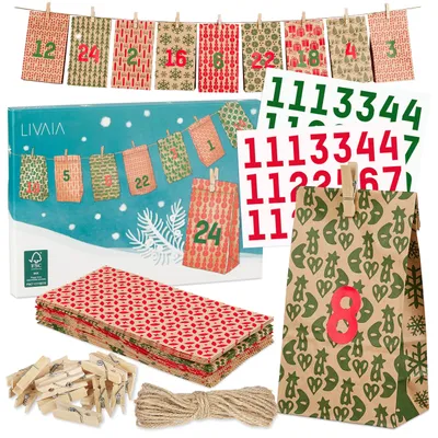 Produktbild von Adventskalender Zum Befüllen  2022 Adventskalender Zum Selbstbefüllen - Braun Mit Mustern In Rot Und Grün