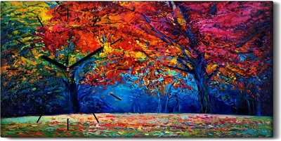 Produktbild von Wandbild Leinwand Bilder mit Uhr 60x30 Malerei Wald Bäume Blätter Bunte Kunst - schwarze Hände