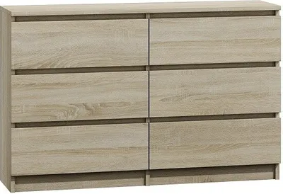 A front view of a light brown wooden dresser with six drawers.