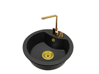 Produktbild von Granit Küchenspüle Einbauspüle 1 Becken MILA mit Abtropffläche + Küchenarmatur Nook Gold + Siphon + Seifenspender Komplettset
