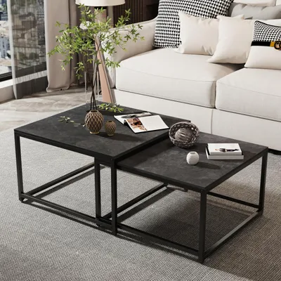 Couchtisch-Set aus 2, Marmoroptik, Schwarz, 65x40 & 60x34 cm