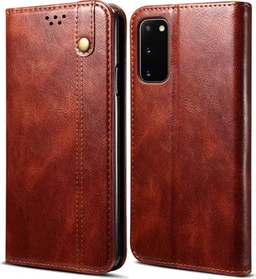 A brown leather flip wallet case for a Samsung Galaxy S20 is shown from two angles, open and closed.