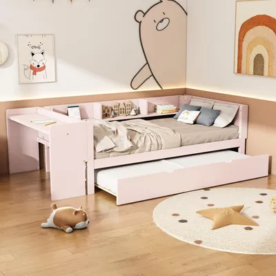 Produktbild von Merax Tagesbett Schlafsofa 90x200 cm, mit Ausziehbett, Schreibtisch, Ablagefach, Kiefer, Kinderbett, Holzbett, Daybett, Flachbett, Jugendbett, Rosa