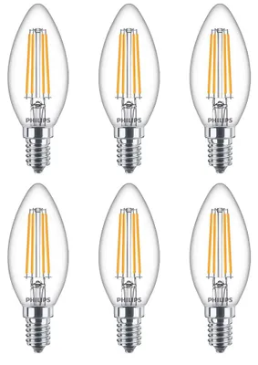 Produktbild von 6 x Philips LED Filament Leuchtmittel Kerzenform 6,5W = 60W E14 klar 806lm warmweiß 2700K
