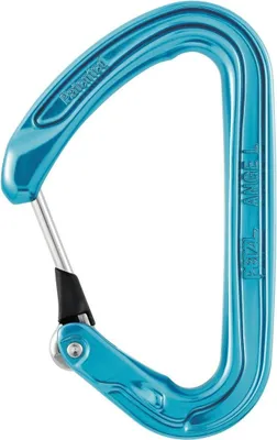 Schnappkarabiner "ANGE L" von Petzl in Türkis mit sicherem Verschlussmechanismus.