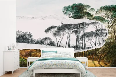 Produktbild von MuchoWow® Fototapete für Wohnzimmer oder Schlafzimmer Wandtapete Vinyl Motivtapete Italienische Landschaft Schirmkiefern - Kunst - Hendrik Voogd - Malerei - Schwarz-Weiß - Alte Meister - 420x280 cm - Zimmer für Kinder
