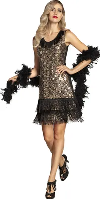 Produktbild von Charleston-Kleid mit Pfauen-Muster und Fransen 20er Outfit gold-schwarz - L