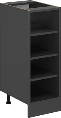 A dark gray kitchen cabinet with open shelves and a black leg.