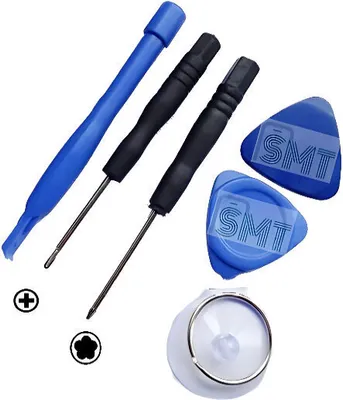 A set of tools for electronic device repair, including screwdrivers, picks, and a suction cup.