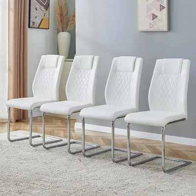 Immagine prodotto di Set di 4 sedie da sala da pranzo MODFU con gambe in metallo argentato e piedini antiscivolo; sedie da cucina con design a rete, adatte per il soggiorno o la sala da pranzo; bianco+argento