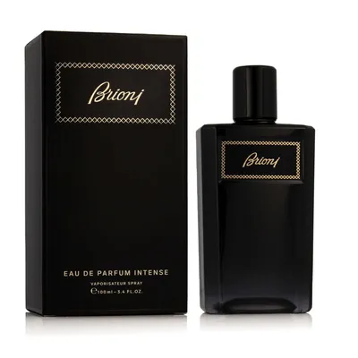 A black perfume box and bottle are displayed against a white background.