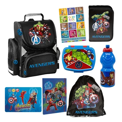 Produktbild von Goldkids - Schulranzen für Jungen, 8er-Set - Schul-Rucksack für Kinder mit Federmäppchen - Schuhbeutel Brotdose und Trinkflasche - Avengers