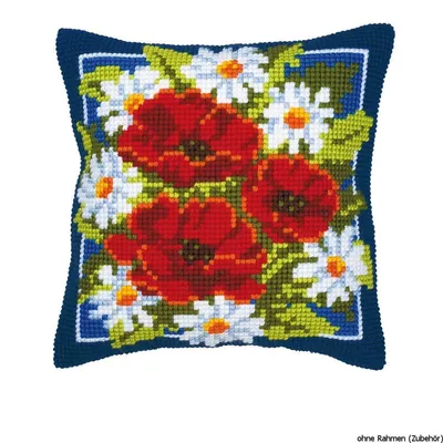 Produktbild von Vervaco Kreuzstichkissen "Mohn und Kamille", Stickbild vorgezeichnet