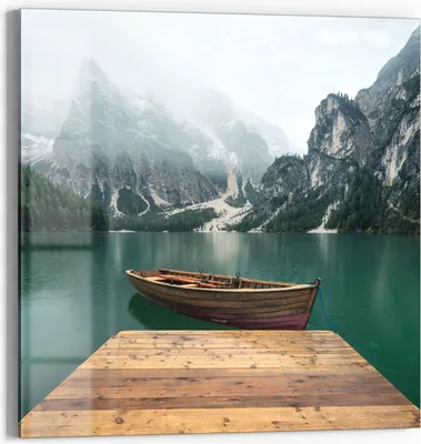 Produktbild von DEQORI Glasbild Echtglas 30x30 cm 'Bergsee und Bootsteg' Wandbild Bild modern Deko