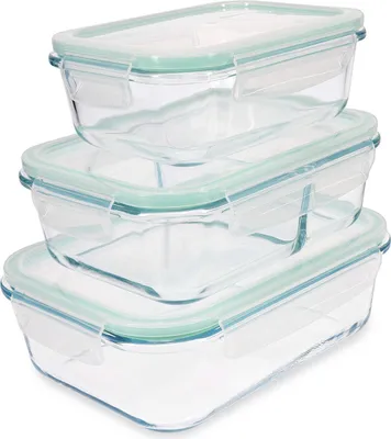 Three glass food storage containers are stacked on top of each other.