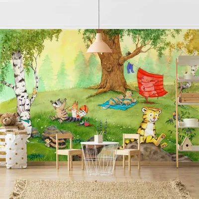 Produktbild von Fototapete Wald - Vliestapete - Bildtapete UV-beständig Design Aquarell Illustration Wandtapete geruchsfrei