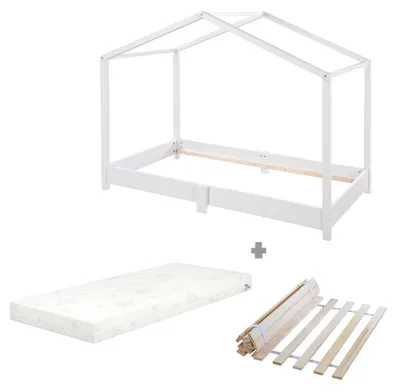 Produktbild von roba Hausbett 70 x 140 cm + Lattenrost + Matratze safe asleep® - Bodentiefes Kinderbett nach Montessori Prinzip - Erweiterbar mit Hausbettbezug