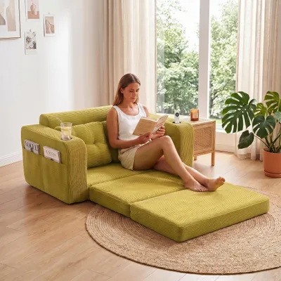 Produktbild von LVHOM Multifunktionales Schlafsofa 1,5-Sitzer Cord Schlafsessel, Ausziehbar als Gästebett, Loveseat Klappsofa für Jugendzimmer, Olivgrün
