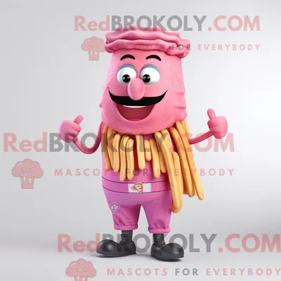 Productafbeelding van Mascot REDBROKOLY karakter van een roze friet gekleed met een vest en armbanden