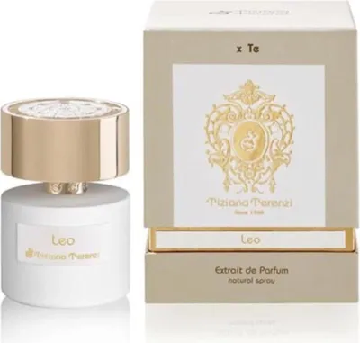 A perfume bottle and its packaging are displayed against a white background.