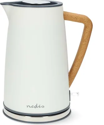 A white electric kettle with a wooden handle against a white background.