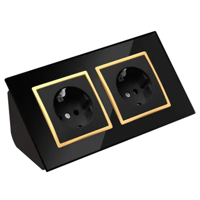 Produktbild von Glas Ecksteckdose 2-fach Steckdosenblock 45° Verteilerdose schwarz mit goldenem Rand.