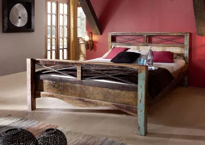 Immagine prodotto di MASSIVMOEBEL24 | Letto in legno riciclato 200x200x100 laccato multicolore NATURE OF SPIRIT #48