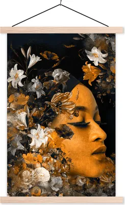 Produktbild von MuchoWow® Textilposter Blume - Frauen - Gold 40x60 cm mit holzfarbenen Rahmen - Poster