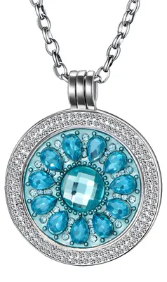 Produktbild von Morella Damen Halskette 70 cm Edelstahl und Zirkonia Anhänger mit Coin Blüte Zirkonia türkis 33 mm im Schmuckbeutel