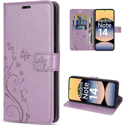 Image de Coque pour Xiaomi Redmi Note 14 5G, Protection Rabat Anti-Rayures Synthécuir Relief Floral Violet
