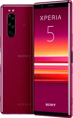 A red Sony Xperia 5 smartphone is shown from the front and back.