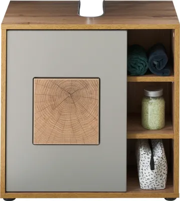 Zdjęcie produktu dla GREECE Badezimmer Waschbeckenunterschrank in Basalt, Wotan Eiche Optik mit Hirnholz-Applikationen - Bad Unterschrank Badezimmerschrank mit viel Stauraum - 60 x 60 x 35 cm (B/H/T)