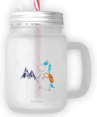Produktbild von Mr. & Mrs. Panda Glas Einhorn Bergsteiger - Transparent - Geschenk, Unicorn, dessertglas, Cocktailglas, Berge, Urlaub, Mit Schraubdeckel, Einhörner, Strohhalm, Reisen